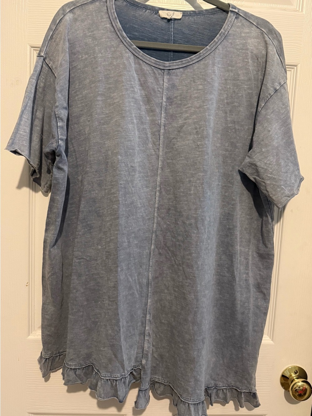 easel Women’s Washed Light Blue Short Sleeve Crewneck Shirt Ruffle Hem